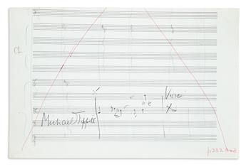 TIPPETT, MICHAEL. Autograph Musical Manuscript Signed, twice, in pencil and black and red ink, fragmentary sketches from an unknown wor